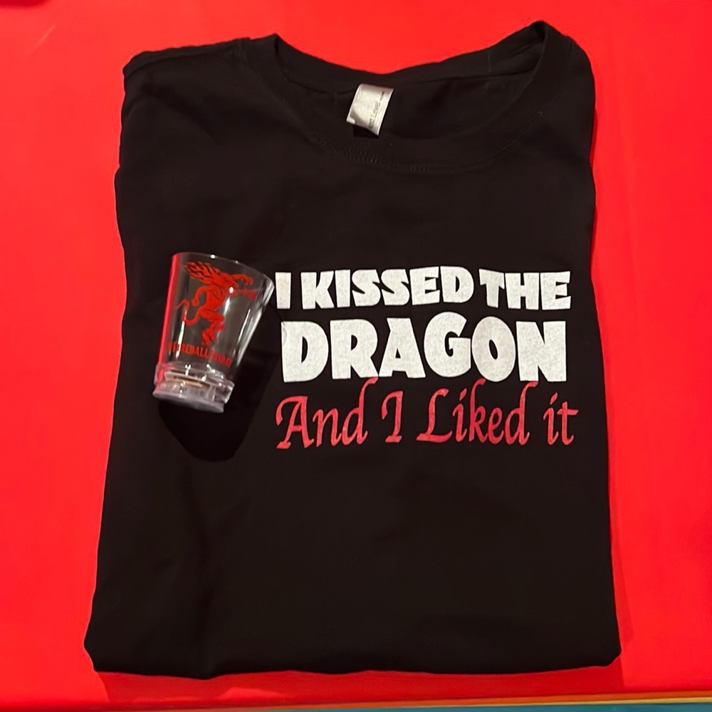NWOT Fireball Whiskey “I Kissed A Dragon and I liked it” tee & light shot glass